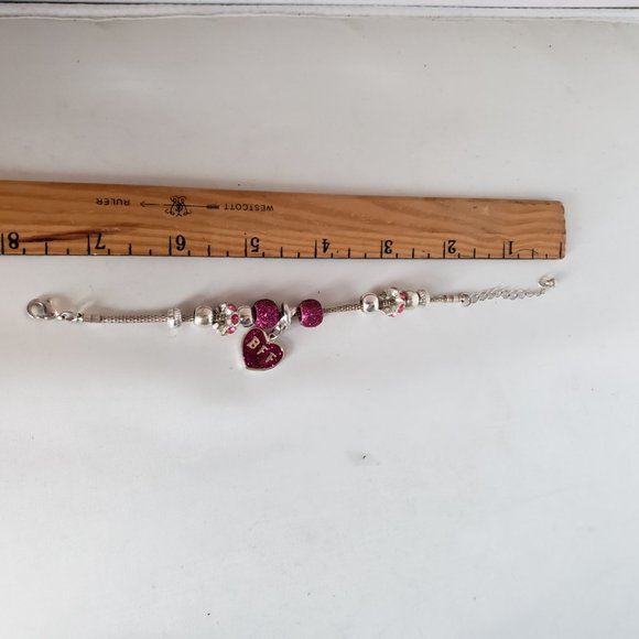 Silver Tone Hot Pink BFF Heart Beads Snake Chain Bracelet 8" Total L 2" Dia - Picture 8 of 11